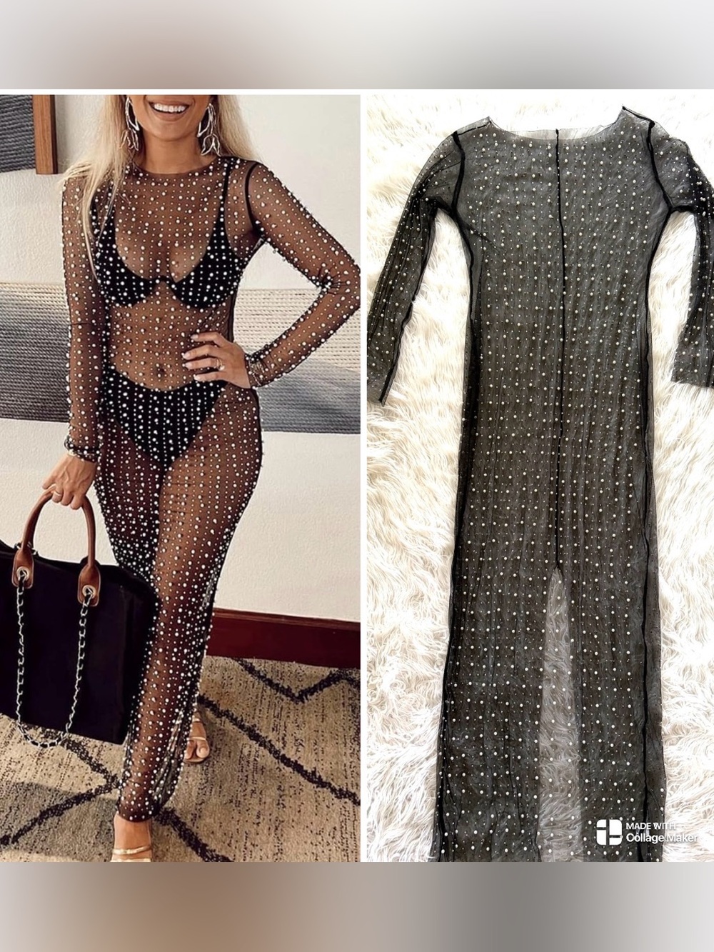 Black Sheer Mesh Pearl & Rhinestone Maxi Dress Beach Coverup XL
